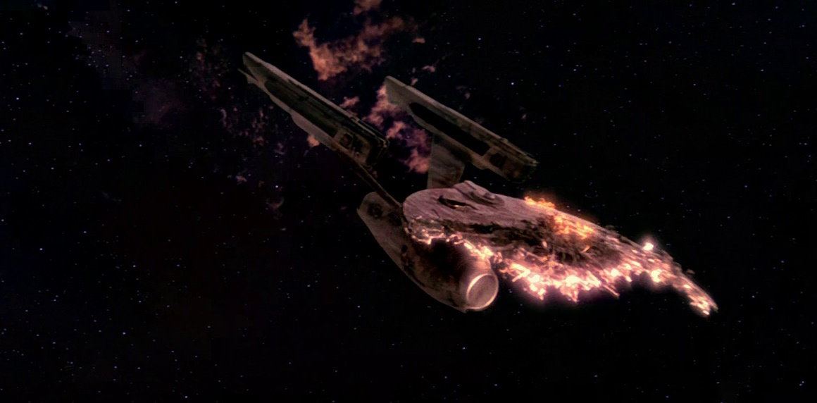 Still frame from Star Trek III: The Search for Spock (1984) showing the wreck of the Enterprise.