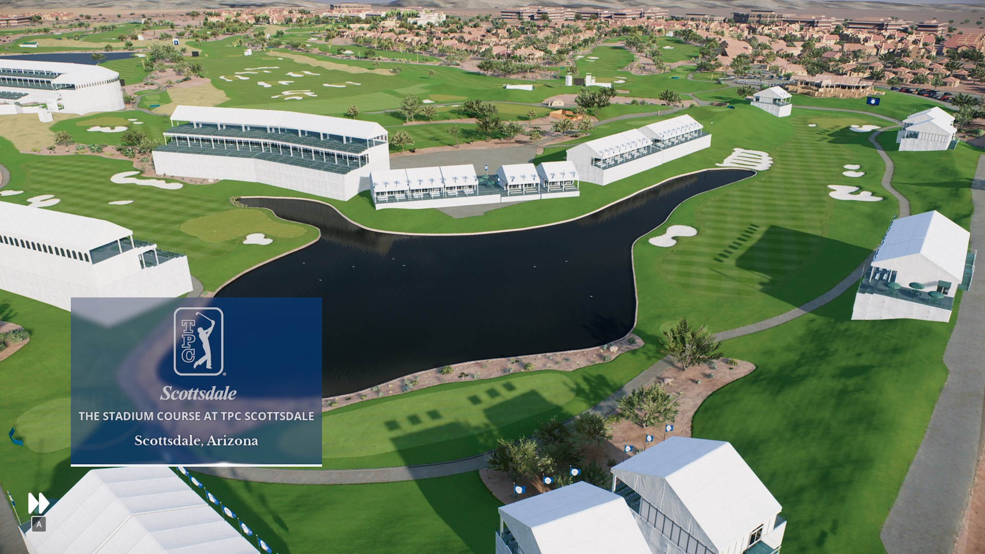 Screenshot of EA Sports PGA Tour (2023) showing a flyover of TCP Scottsdale.