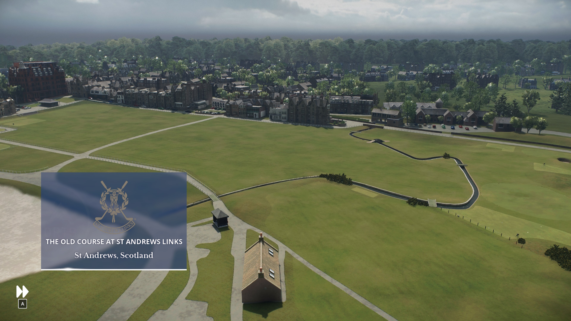 Screenshot of EA Sports PGA Tour (2023) showing a flyover of St. Andrews.