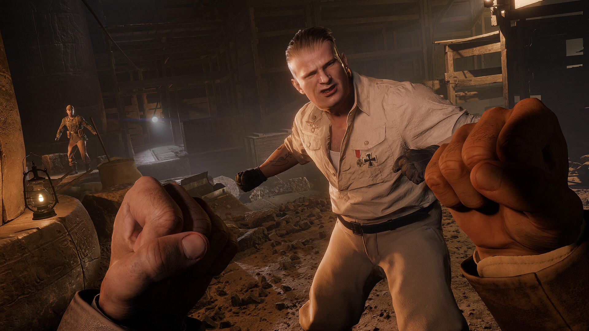 Promo image for Indiana Jones and the Great Circle showing first-person gameplay.