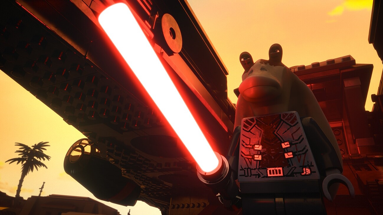 Promo image from Lego Star Wars: Rebuild The Galaxy showing Jar Jar Binks holding a lightsaber.