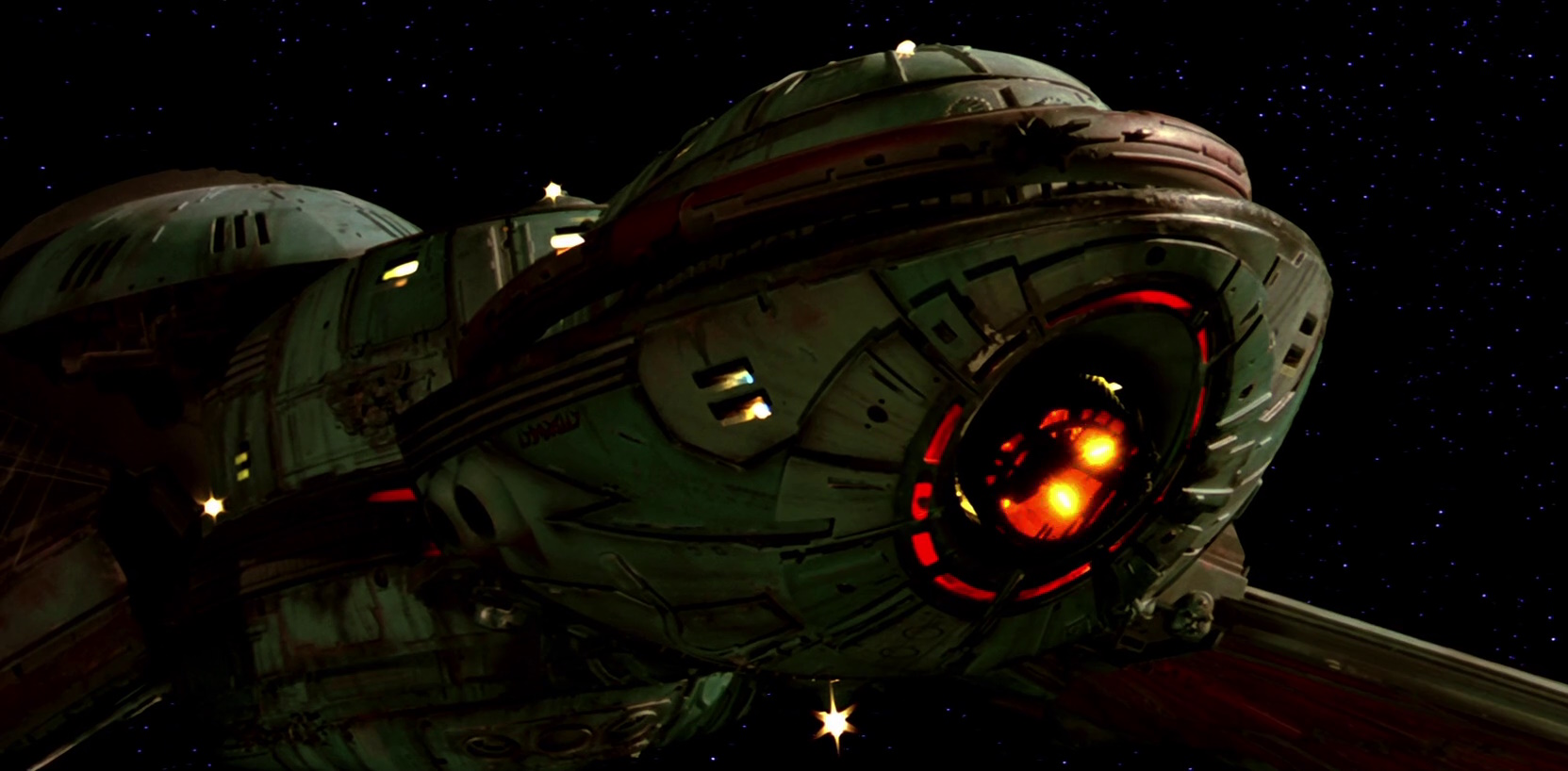 Still frame from Star Trek III: The Search for Spock (1984) showing a Klingon Bird-of-Prey.