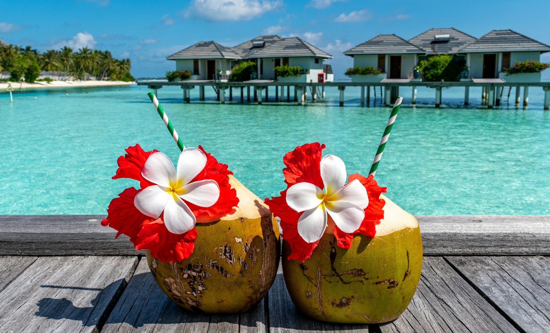 Two coconut beverages with straws on a pier overlooking the sea.