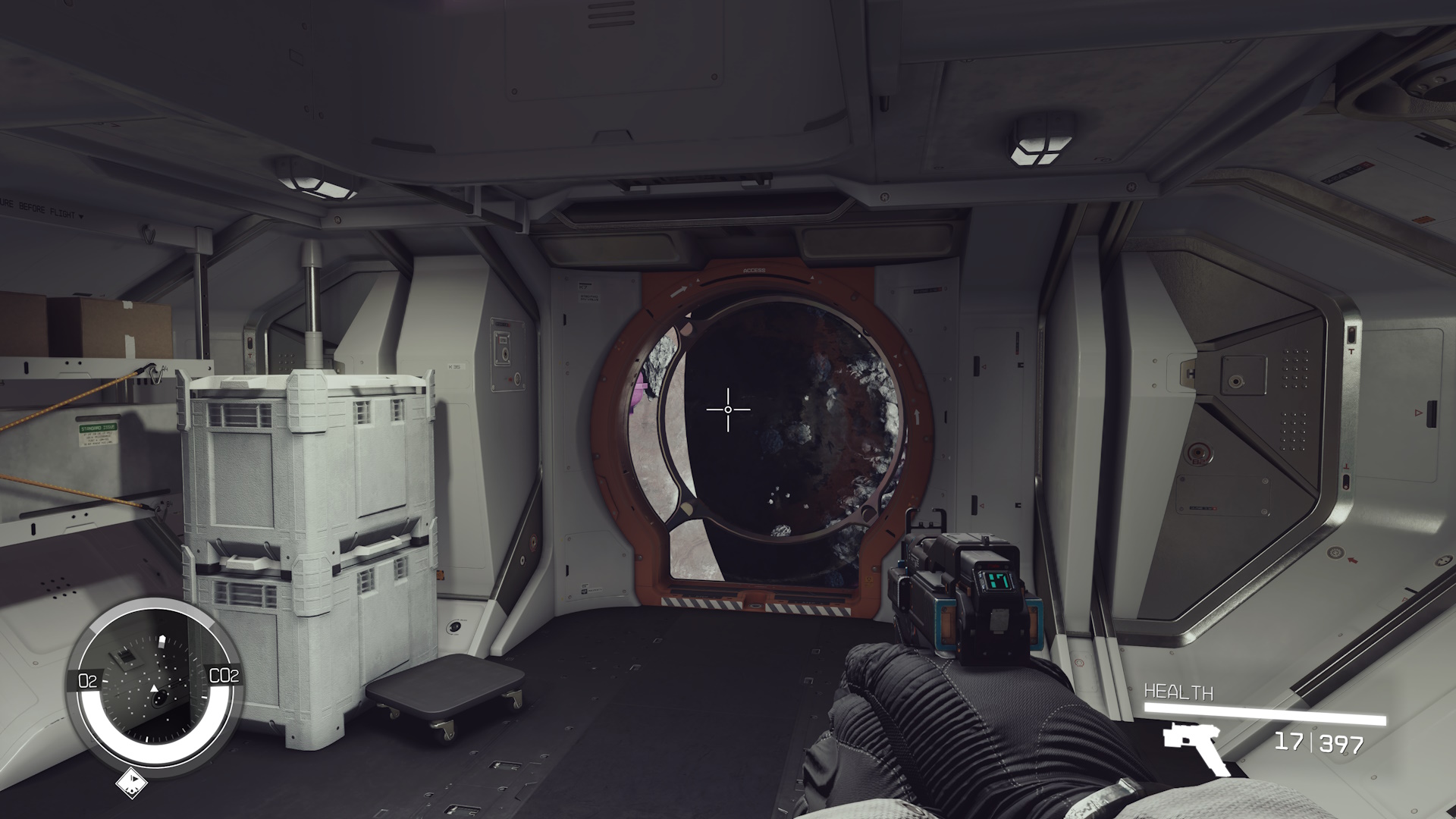 Screenshot of Starfield (2023) first person view, aboard a spaceship.