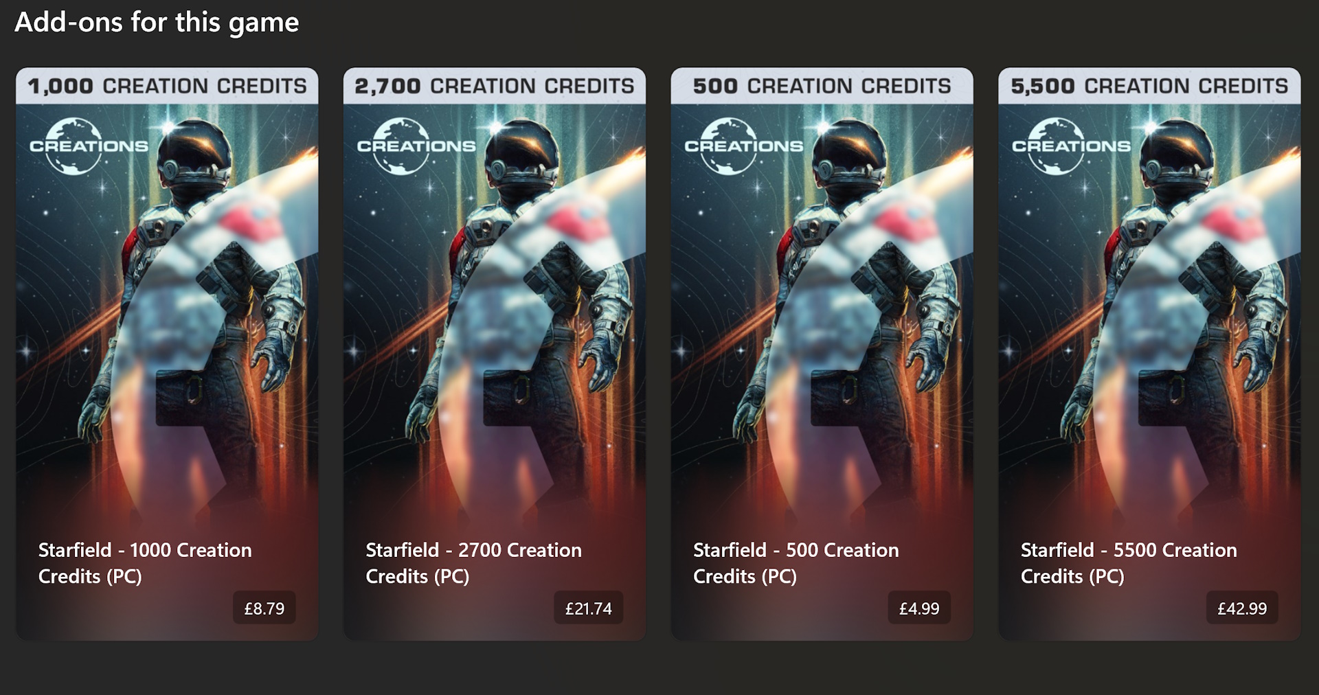 Screenshot of the Xbox store showing in-game currency packs for Starfield.