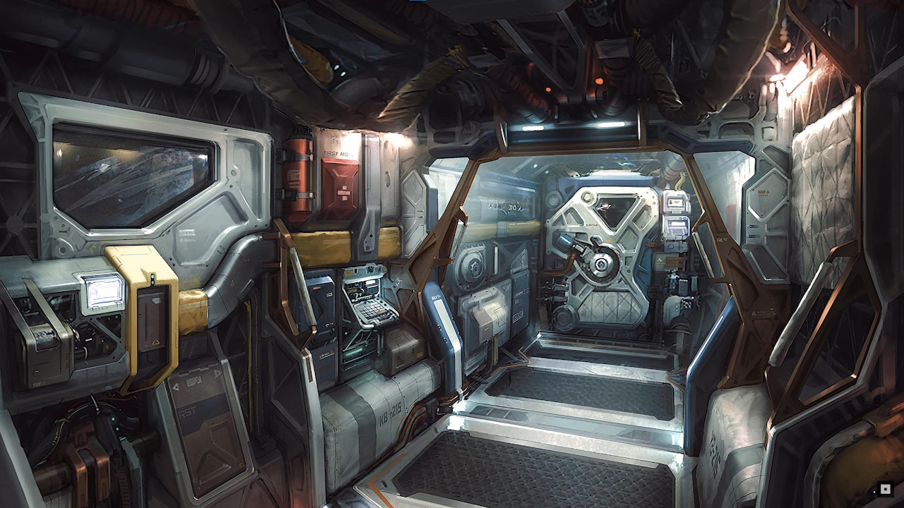 Pre-release concept art for Starfield showing a space station corridor.