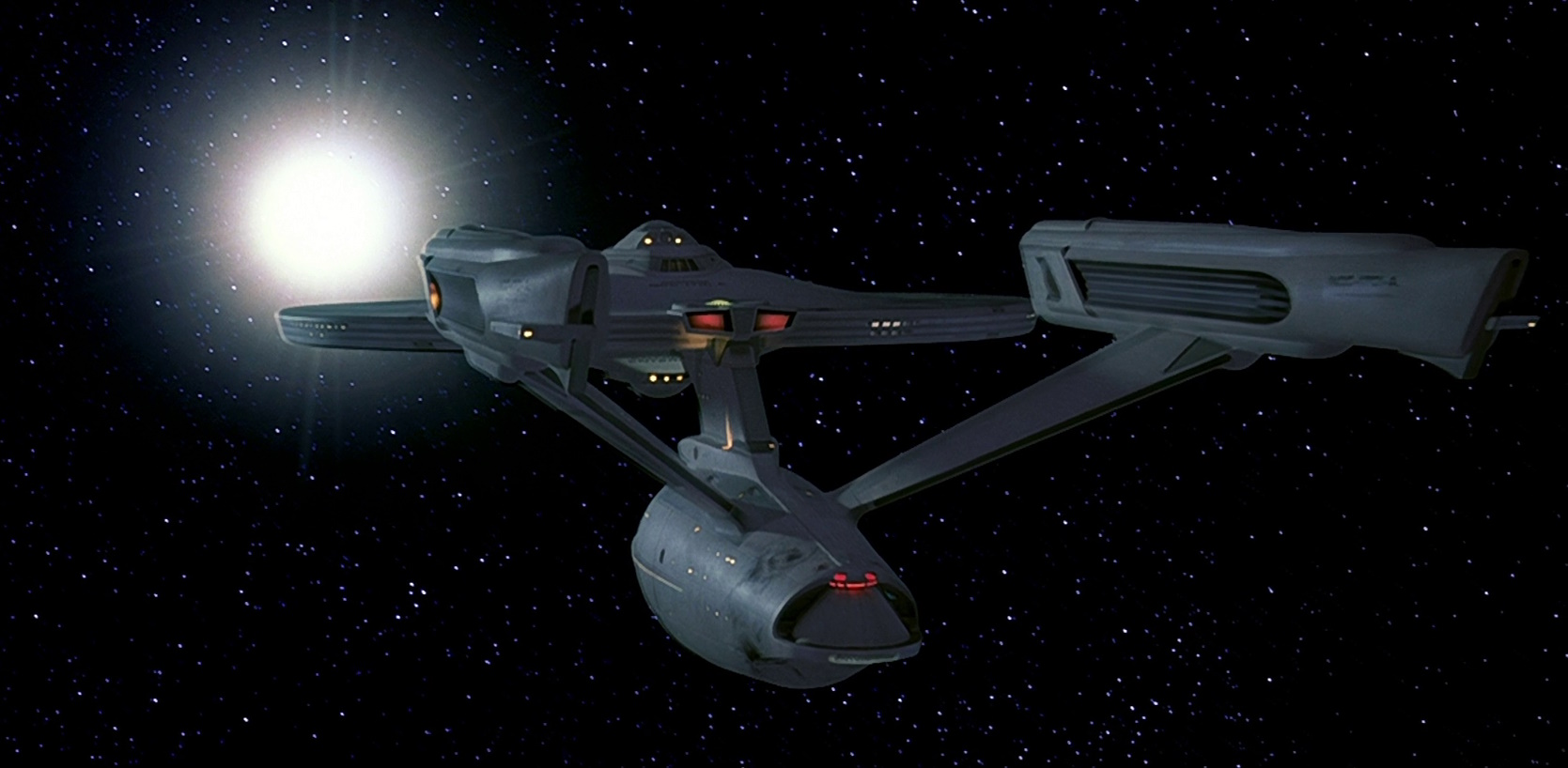 Still frame from Star Trek VI: The Undiscovered Country showing the Enterprise-A.
