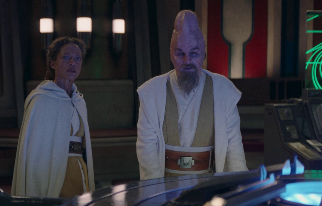 Still frame from Star Wars: The Acolyte showing Ki-Adi-Mundi and another Jedi character.