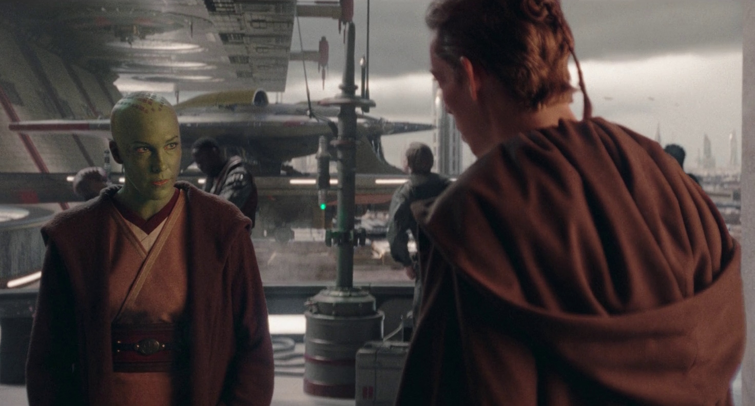 Still frame from Star Wars: The Acolyte showing Master Vernestra and Mog.