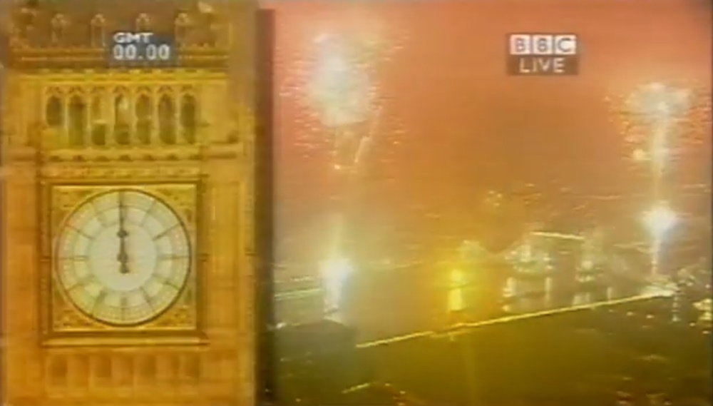 Still frame from 2000 Today showing Millennium Eve in London, Fireworks, and Big Ben.
