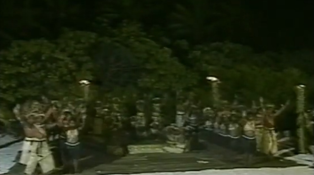 Still frame from 2000 Today (1999/2000) showing dancers on the island of Kiribati.