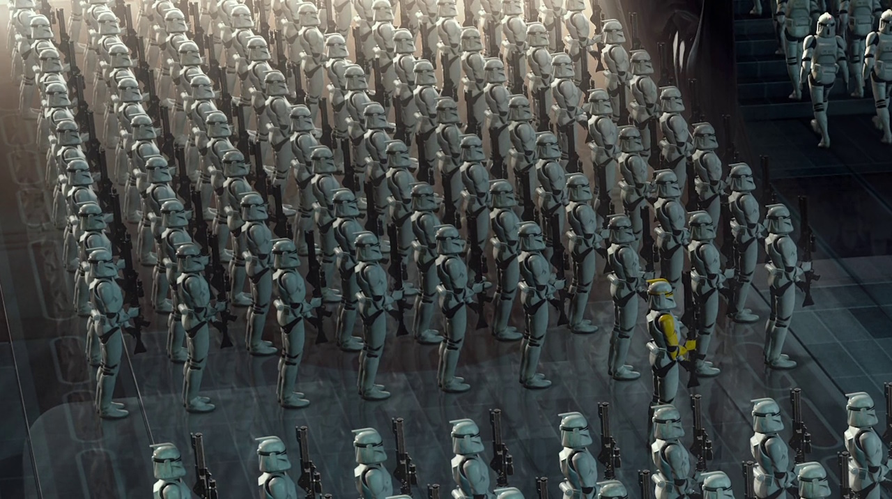 Still frame from Attack of the Clones (2002) showing the CGI clone army.
