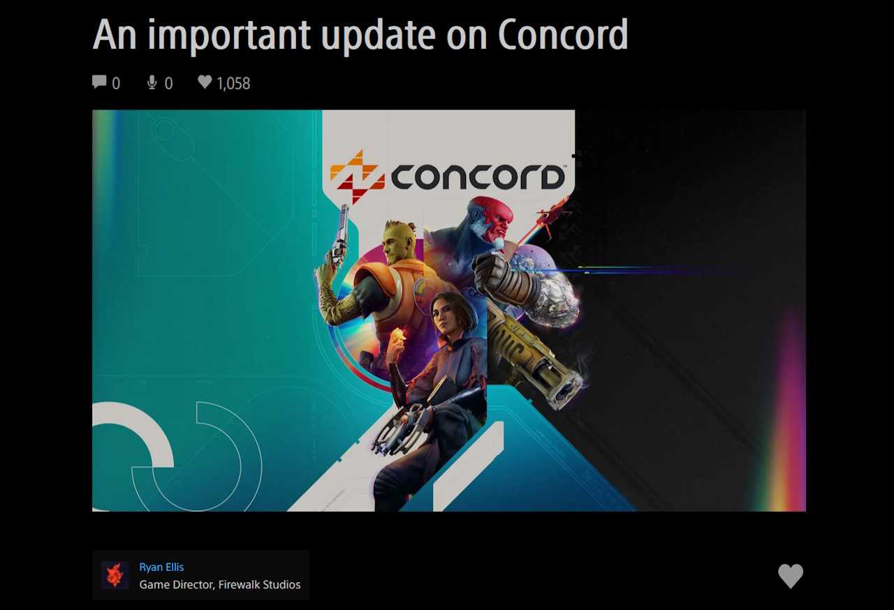 Screenshot of Sony's blog post announcing Concord's imminent shutdown.