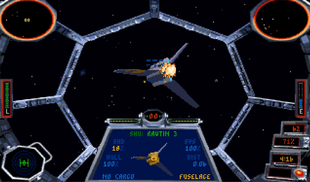 Screenshot of TIE Fighter (1994) showing a space battle.