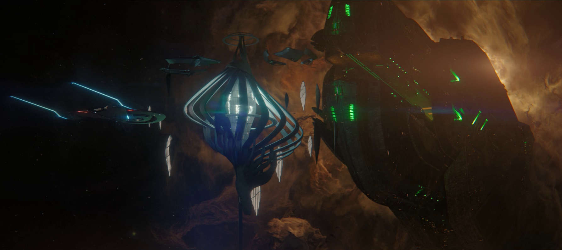 Still frame from Star Trek: Discovery Season 5 (2024) showing a Breen warship.