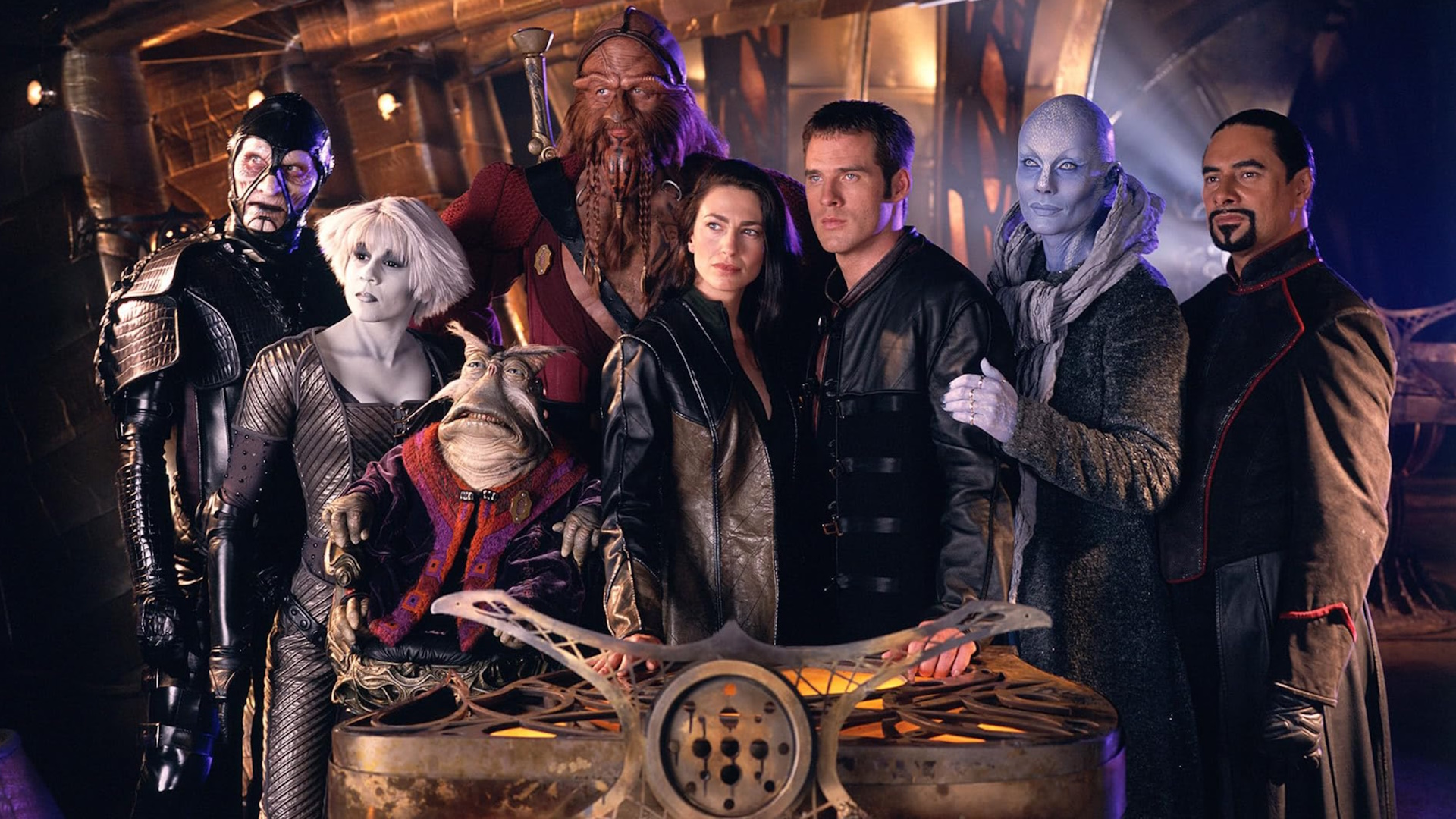 Promo photo for Farscape showing most of the main characters.