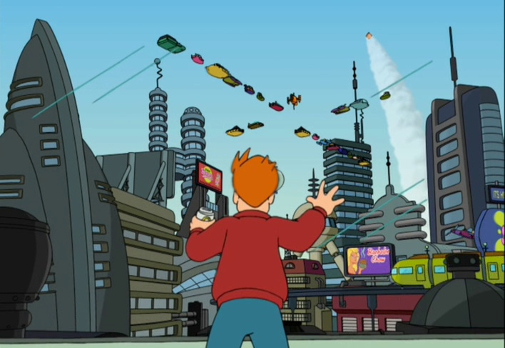 Still frame from the pilot episode of Futurama (1999) as Fry arrives in the future.
