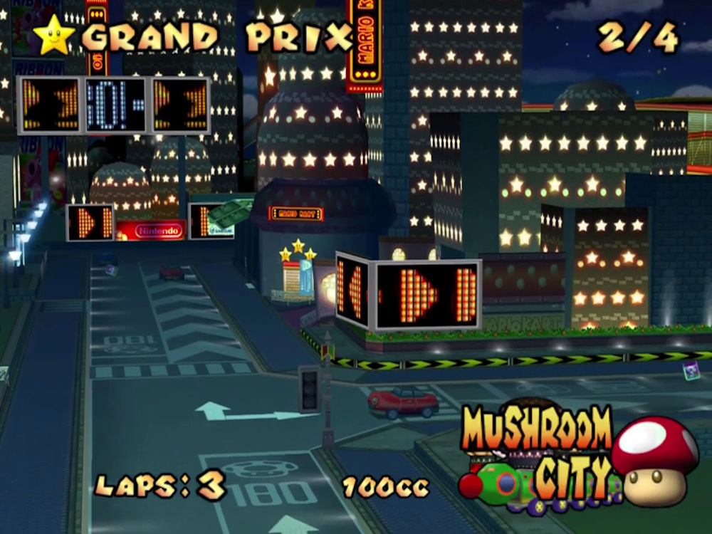 Screenshot from Mario Kart Double Dash showing Mushroom City.