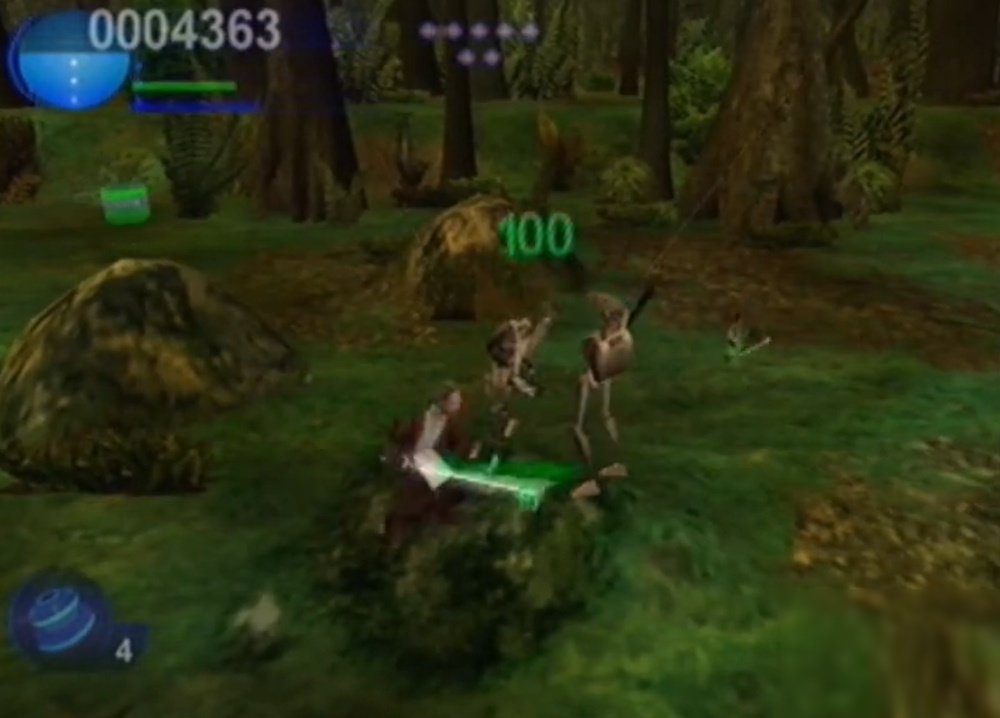 Screenshot of Jedi Power Battles (2000) showing a Jedi fighting battle droids.