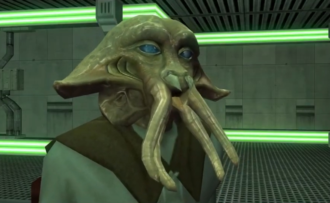 Screenshot from Knights of the Old Republic II showing a Quarren character.