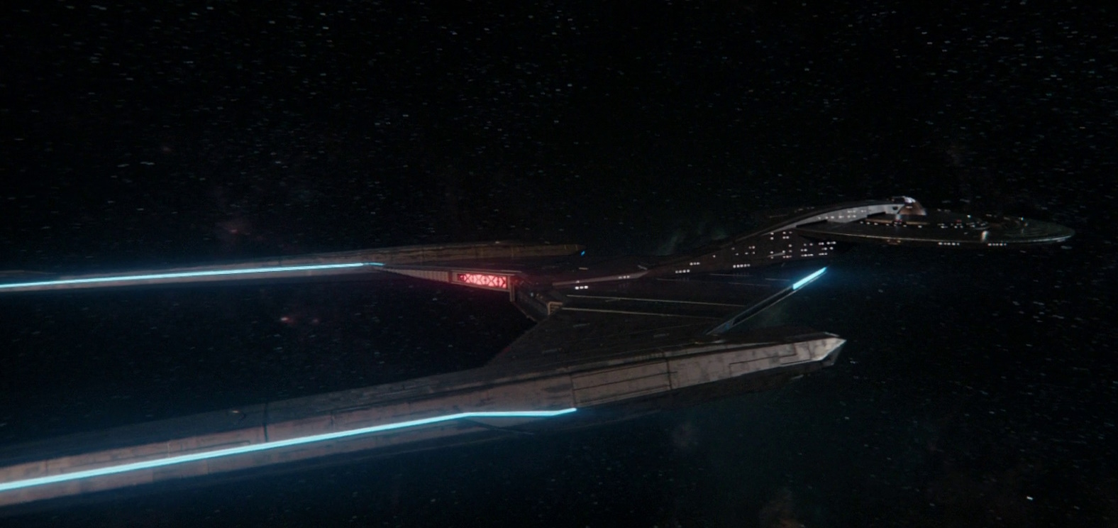 Still frame from Star Trek: Discovery Season 5 (2024) showing the USS Discovery.