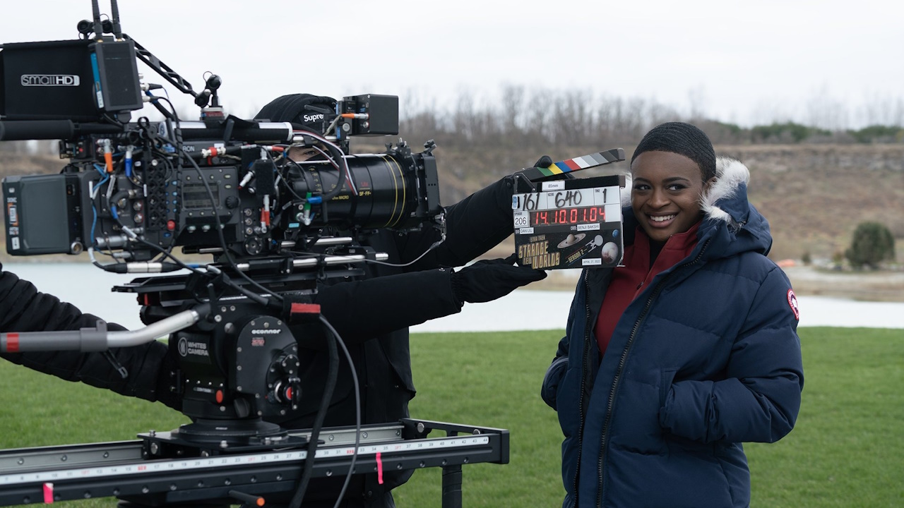 Behind-the-scenes photo from the Star Trek: Strange New Worlds episode Lost In Translation (2023) showing a camera rig and Uhura.