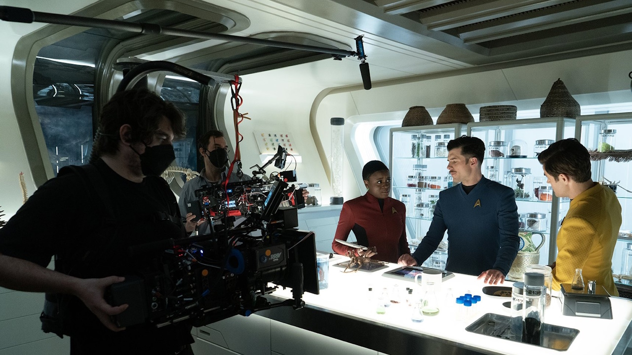 Behind-the-scenes photo from the Star Trek: Strange New Worlds episode Lost In Translation (2023) showing a camera rig and three characters.