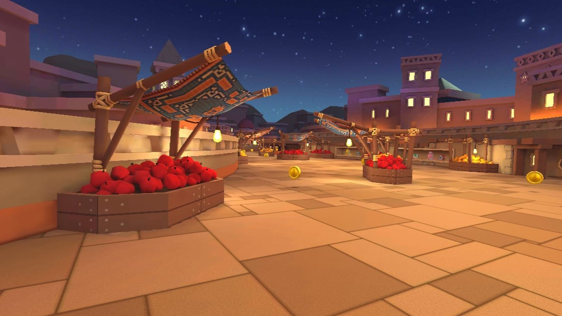 Screenshot from Mario Kart 7 showing Shy Guy Bazaar.