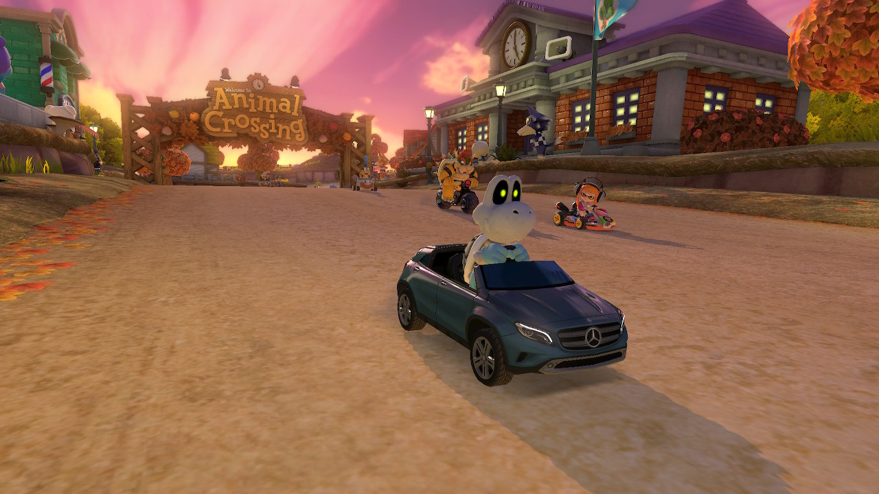 Screenshot from Mario Kart 8 Deluxe showing Dry Bones on Animal Crossing.