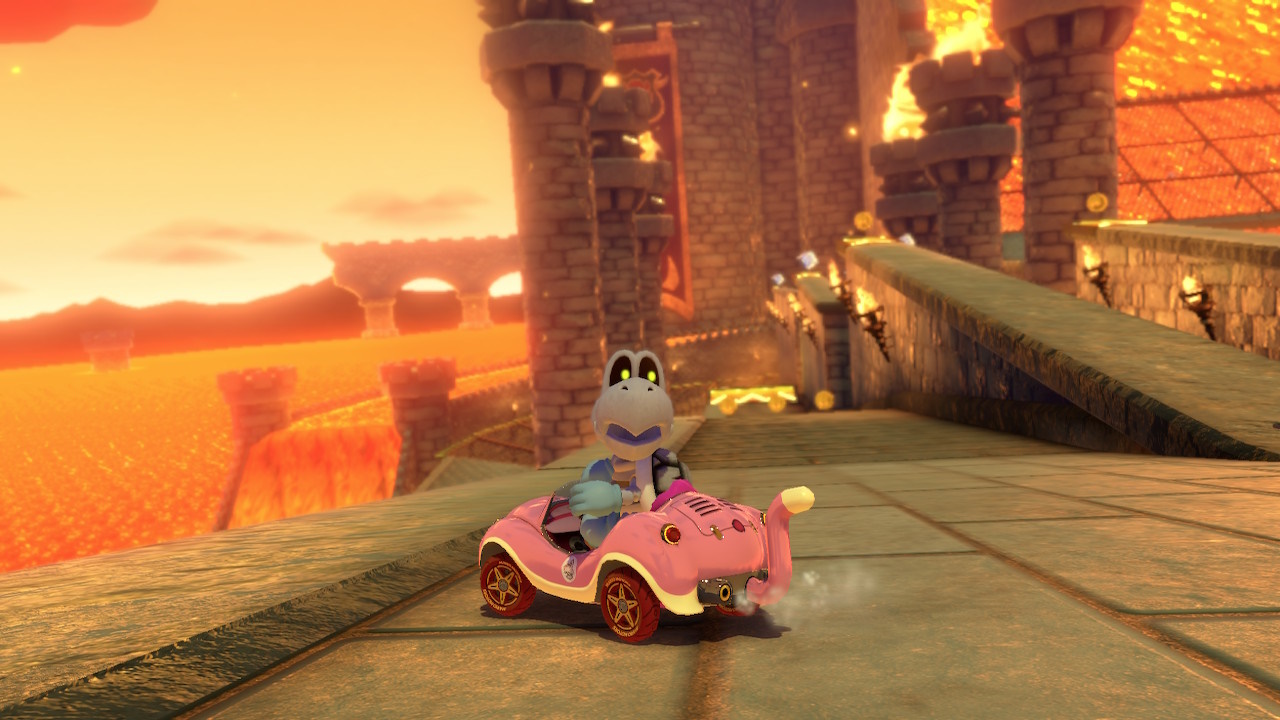 Screenshot from Mario Kart 8 Deluxe showing a racer reversing.