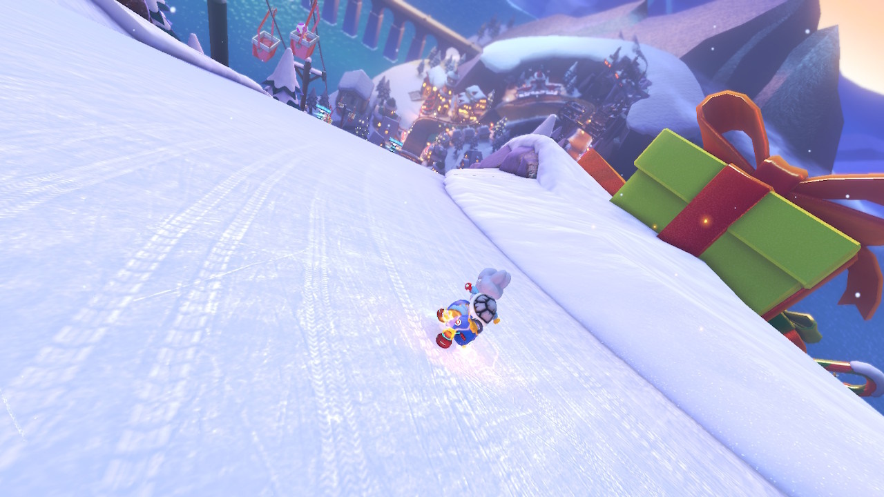 Screenshot from Mario Kart 8 Deluxe showing Dry Bones on Merry Mountain.