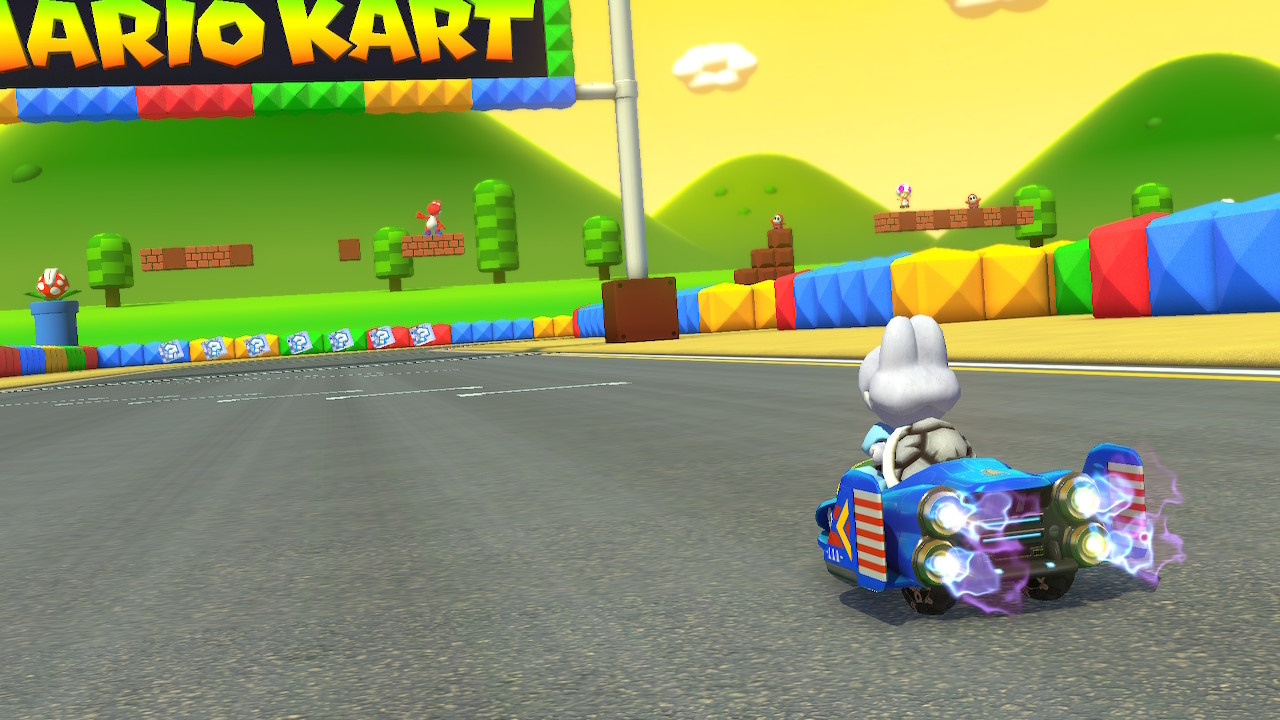 Screenshot from Mario Kart 8 Deluxe showing Dry Bones on a racetrack.