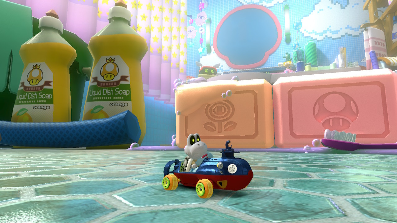 Screenshot from Mario Kart 8 Deluxe showing Dry Bones on Squeaky Clean Sprint.