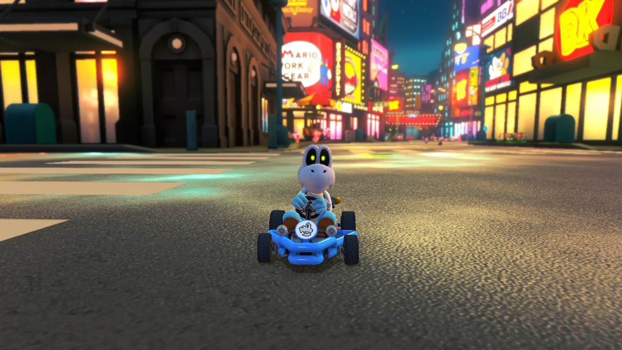Screenshot from Mario Kart 8 Deluxe showing Dry Bones on New York Minute.