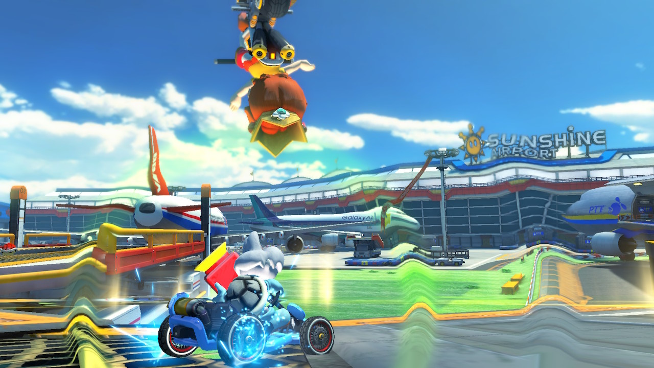 Screenshot from Mario Kart 8 Deluxe showing two racers.
