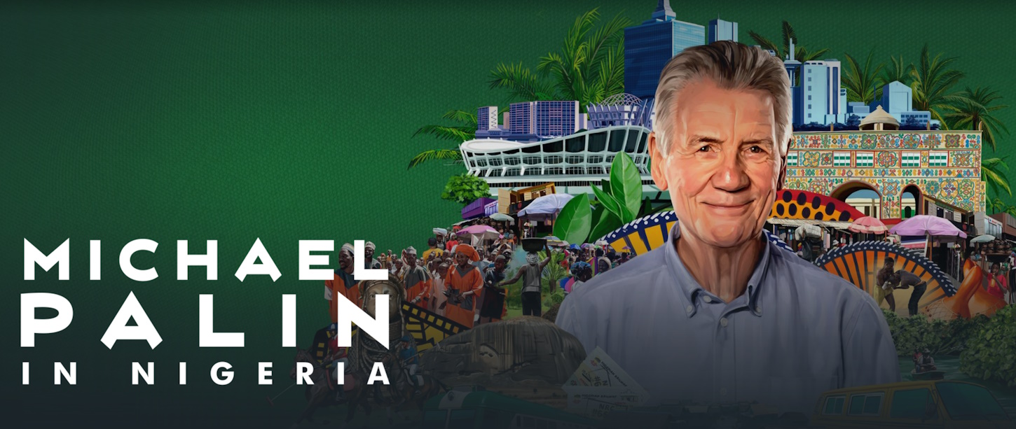 Promo banner for Michael Palin in Nigeria with artwork/AI of Palin.