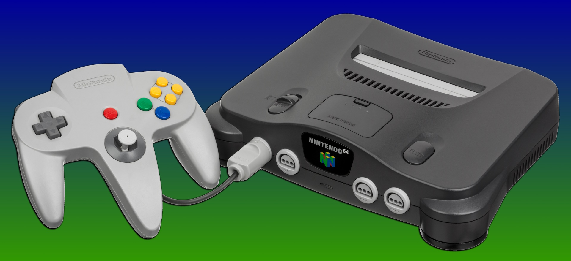 A Nintendo 64 console and control pad.