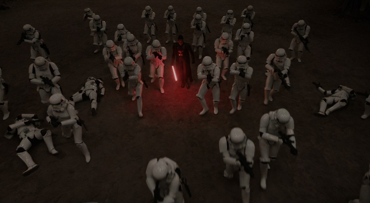 Still frame from Obi-Wan Kenobi showing an Inquisitor and a large group of Stormtroopers.