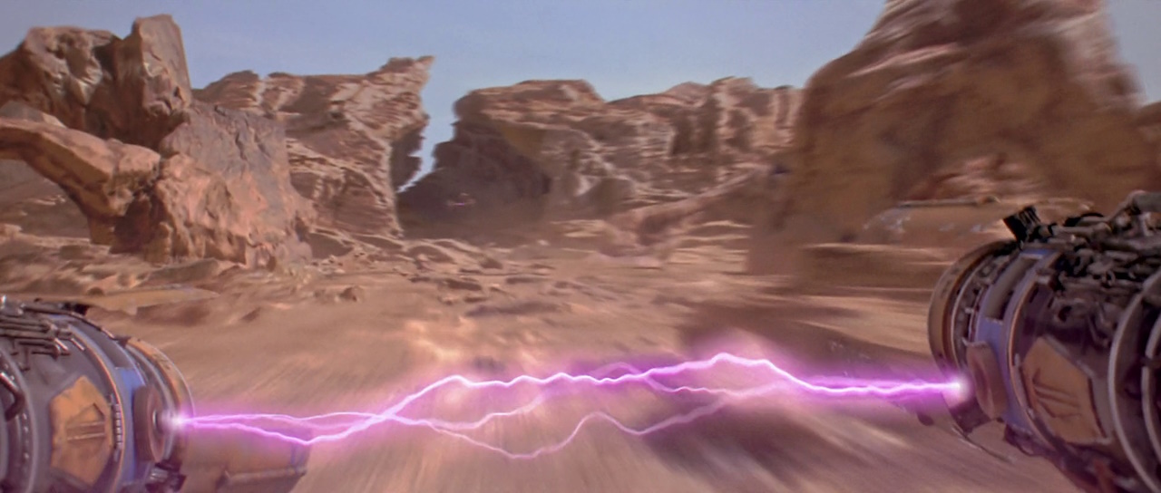 Still frame from The Phantom Menace (1999) showing the pod race.