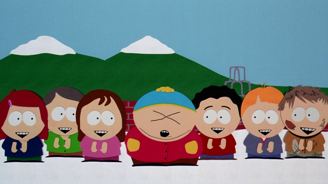 Still frame from South Park Bigger Longer and Uncut (1999) showing Cartman singing.