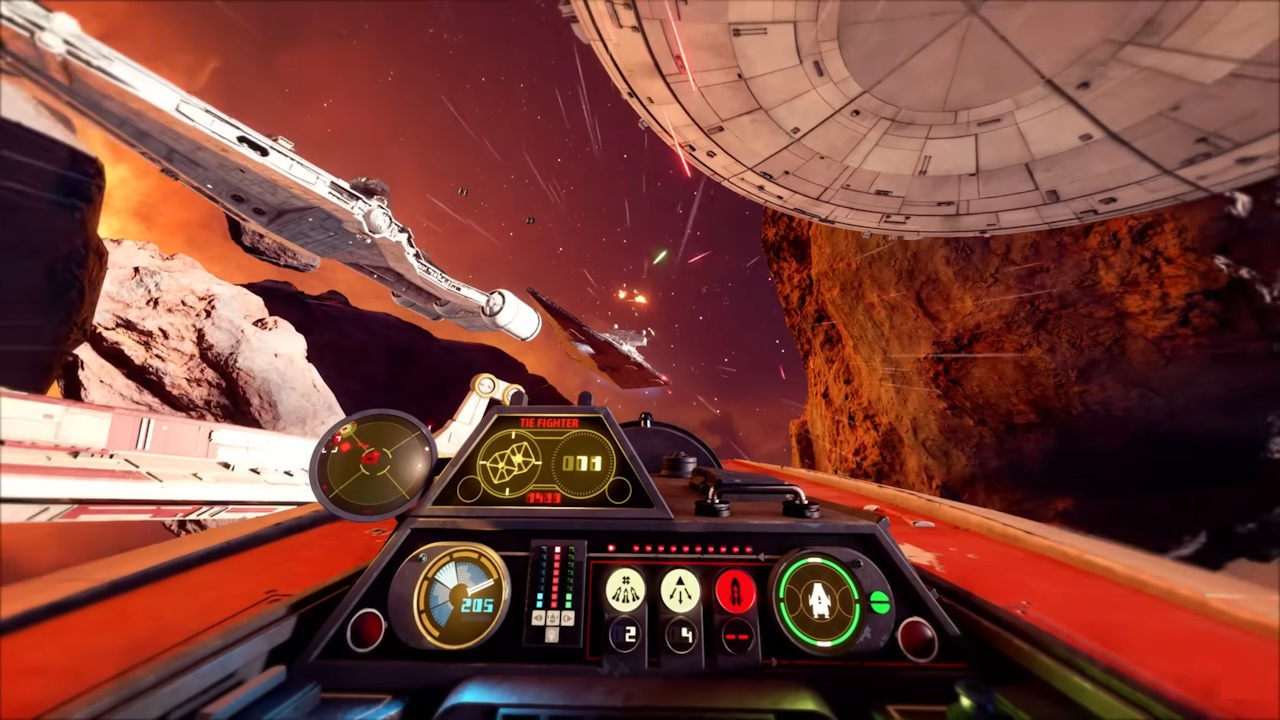 Screenshot from the Star Wars Squadrons trailer showing a starfighter cockpit.