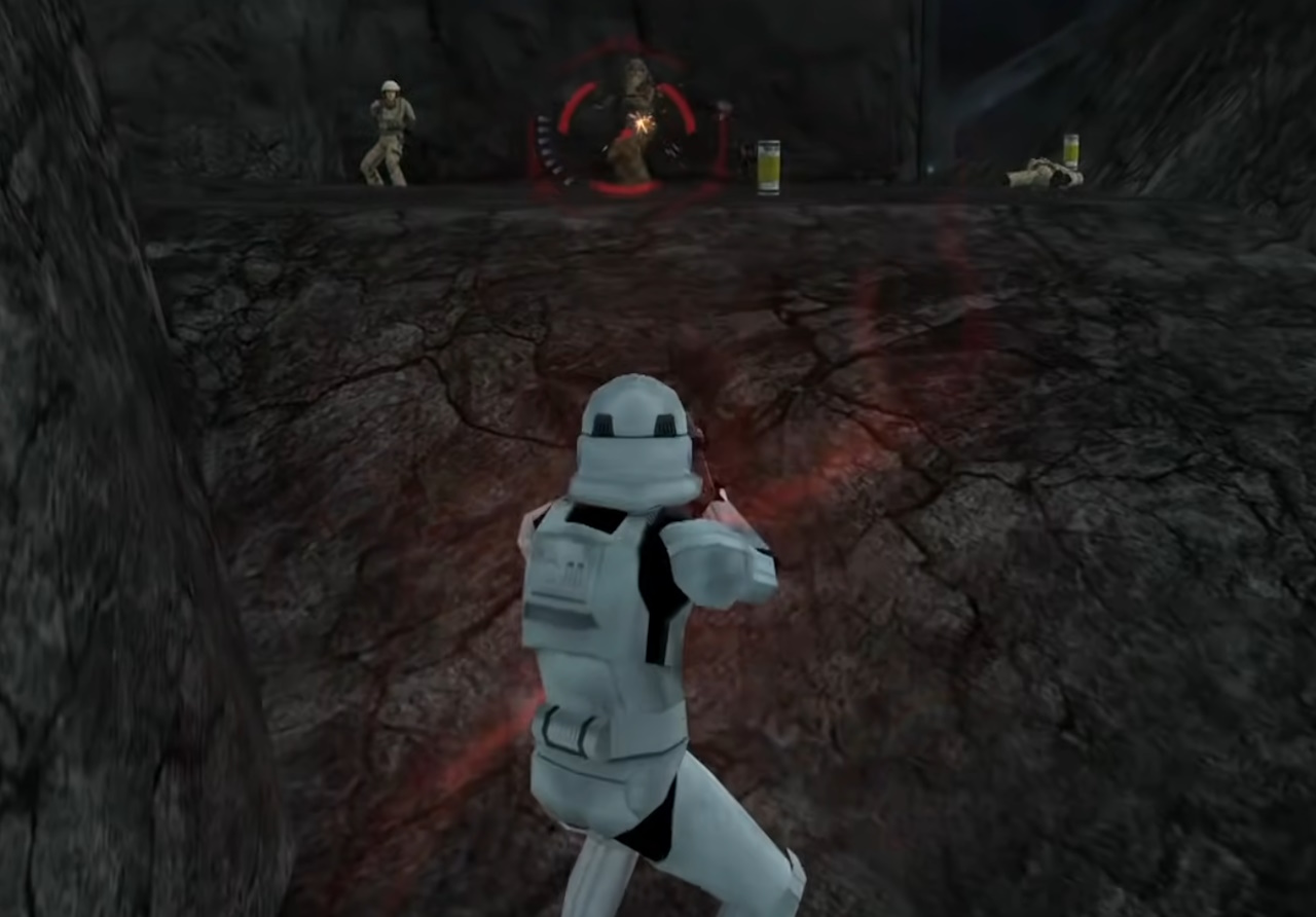 Screenshot from Battlefront II (2005) showing a Stormtrooper engaging Rebel soldiers.