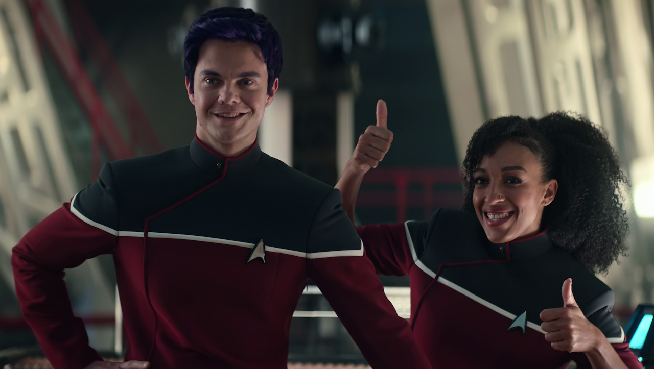 Still frame from Star Trek: Strange New Worlds Season 2 (2023) showing live-action Boimler and Mariner.