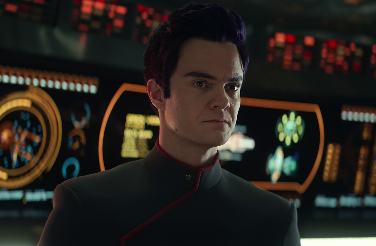 Still frame from Star Trek: Strange New Worlds Season 2 (2023) showing Boimler on the bridge.