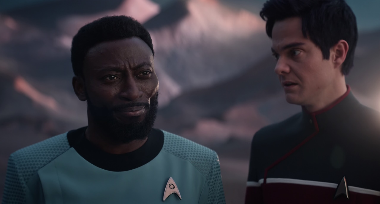 Still frame from Star Trek: Strange New Worlds Season 2 (2023) showing M'Benga and Boimler.