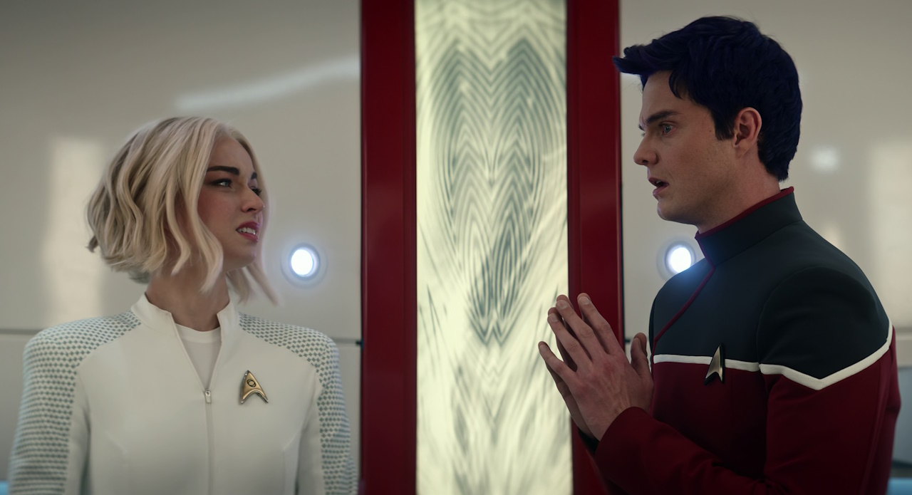 Still frame from Star Trek: Strange New Worlds Season 2 (2023) showing Nurse Chapel and Boimler.