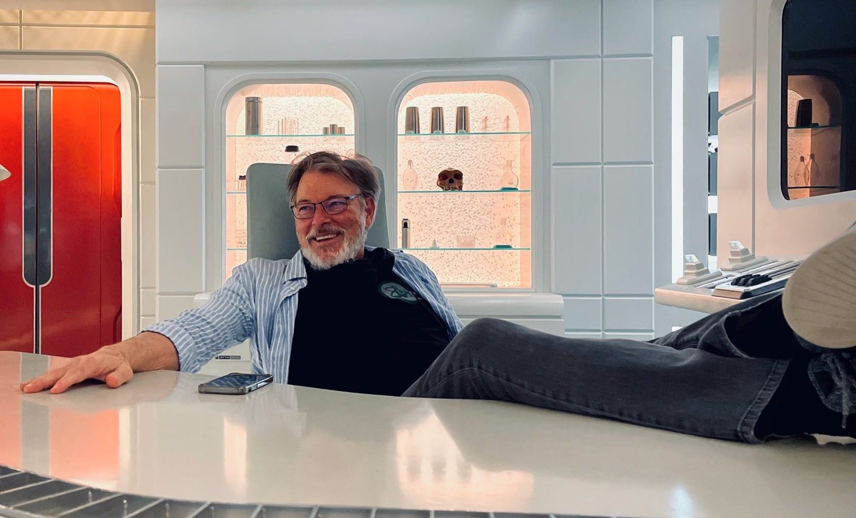 Behind-the-scenes photo from Those Old Scientists showing director Jonathan Frakes.