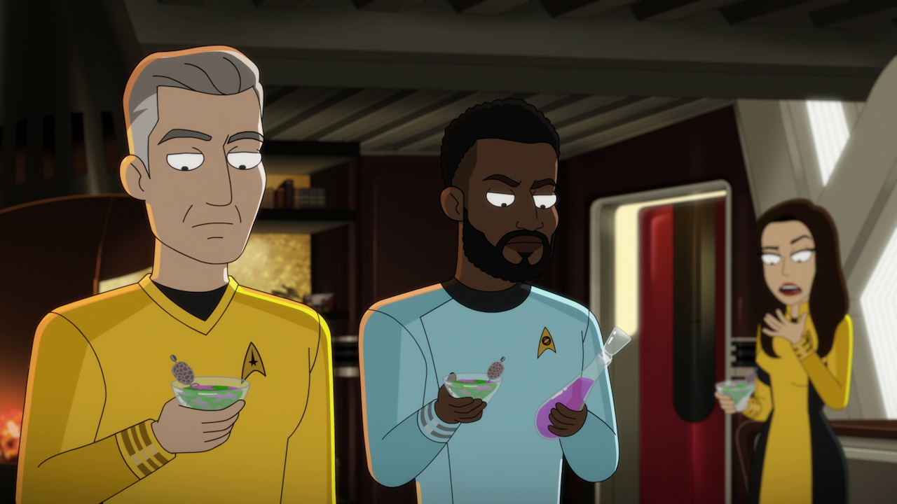 Still frame from Star Trek: Strange New Worlds Season 2 (2023) showing three animated characters.