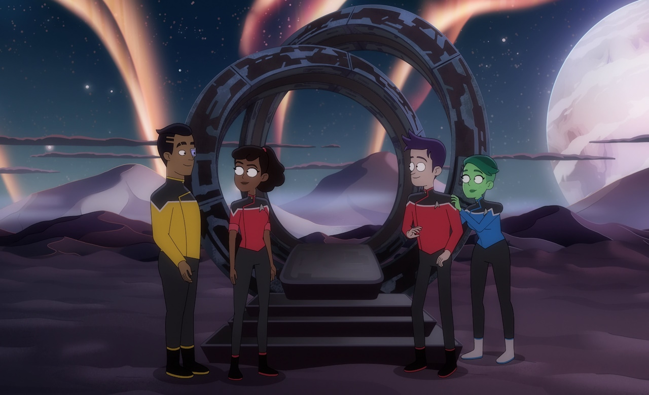 Still frame from Star Trek: Strange New Worlds Season 2 (2023) showing the animated Lower Decks characters.