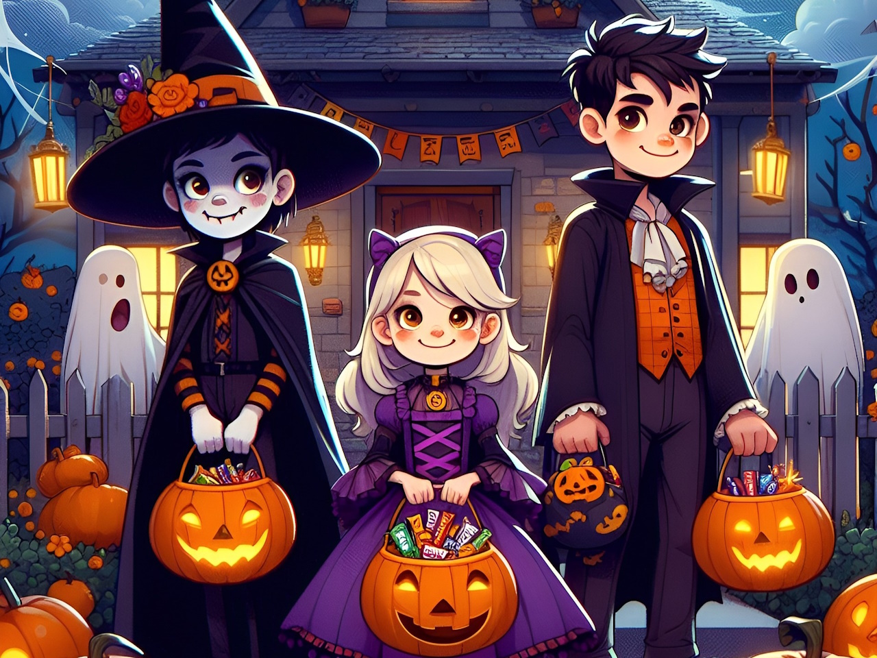 Artwork of three trick-or-treaters at Halloween.